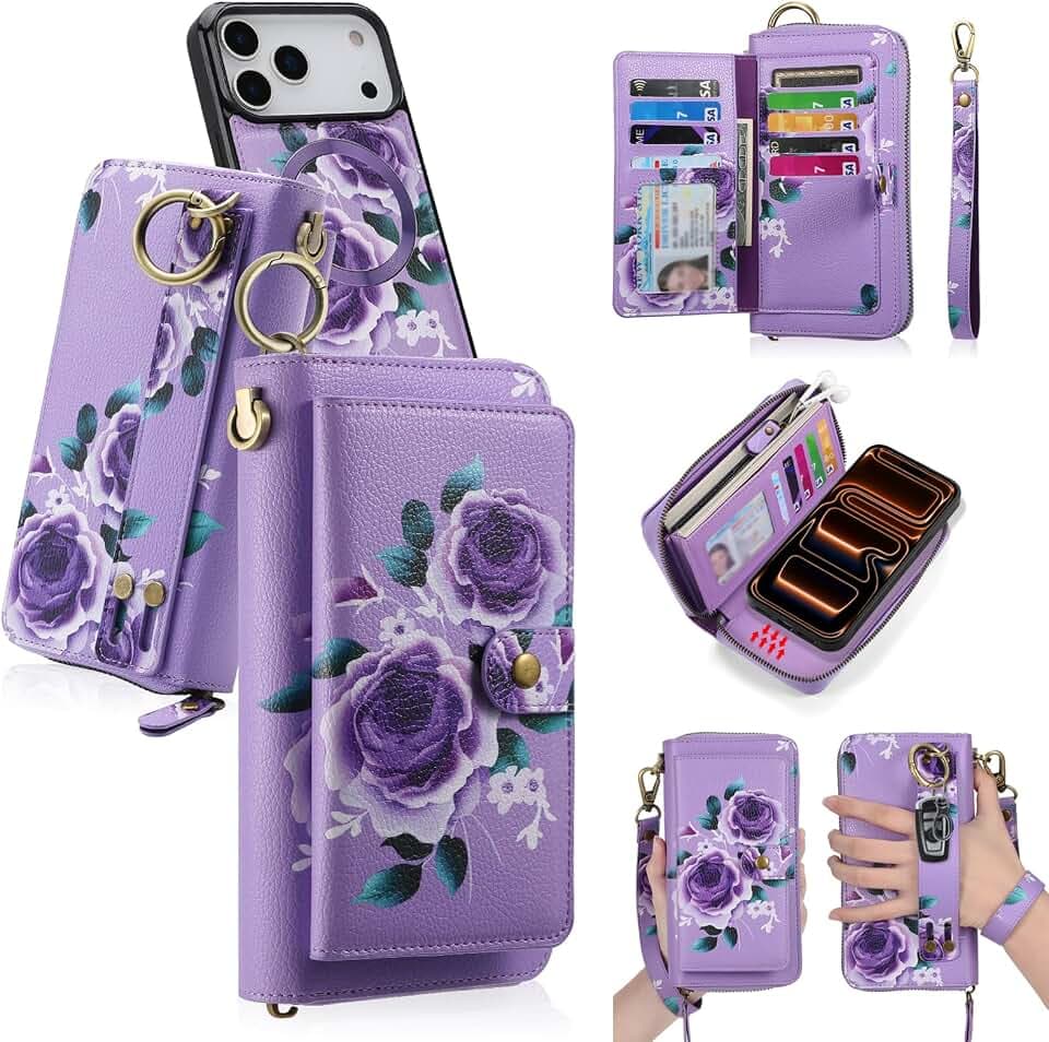 LITOU Compatible with iPhone 17 Pro Phone Case Wallet for Women Men,Detachable Magnetic,Card Holder,Wristlets Zipper Leather Flip Wallet Case.PurpleFlower