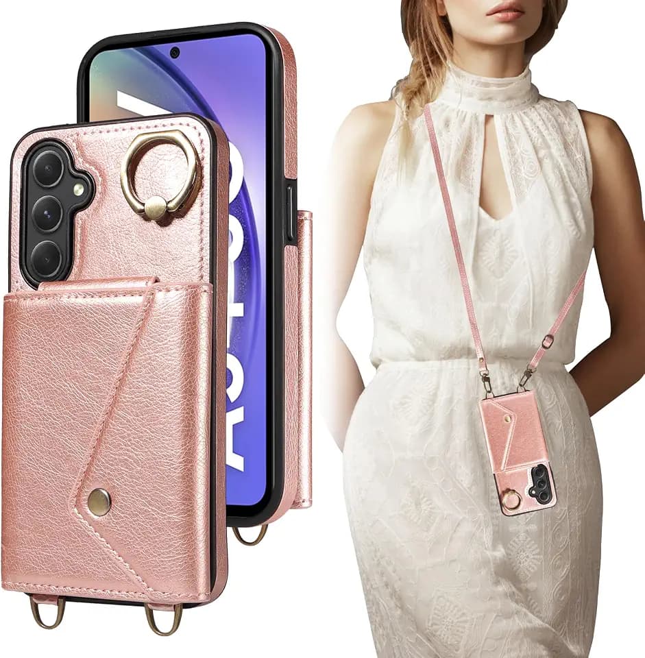 Crossbody Wallet Case for Samsung Galaxy A54 5G with Card Holder, Leather Case with Long Shoulder Strap, Purse Shockproof Flip Cover for Samsung A54 5G (Pink)