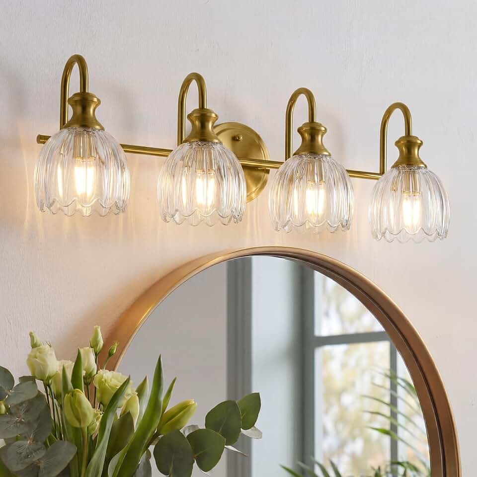AUTELO 3-Light Gold Vintage Bathroom Light Fixtures Over Mirror, Clear