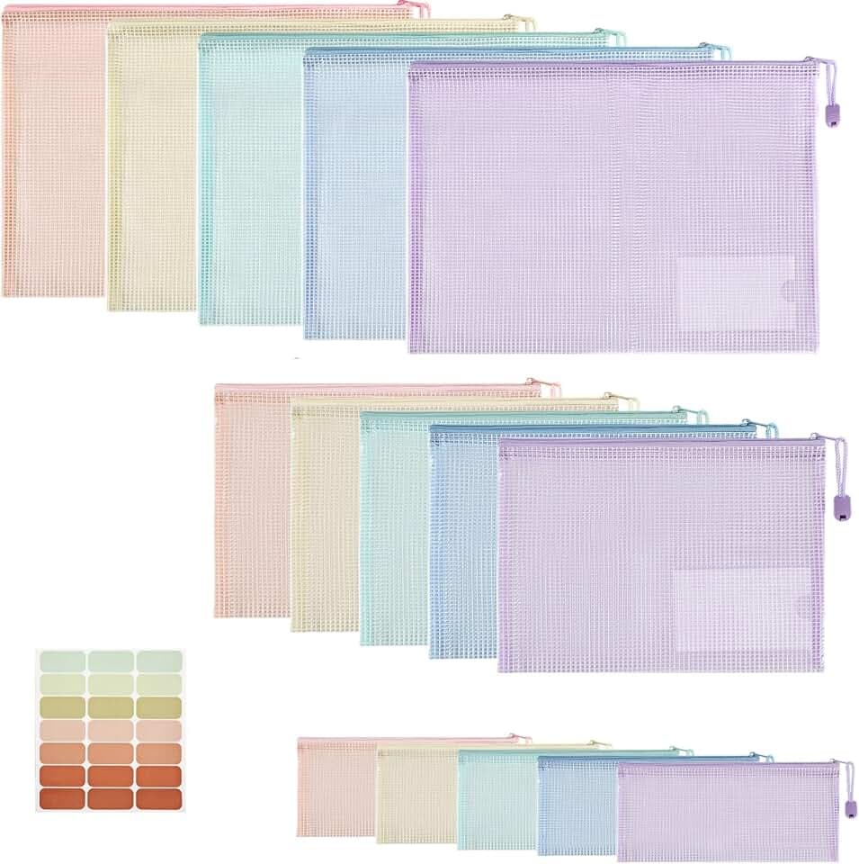 15 Stück Dokumententasche mit Reißverschluss,A4+A5+A6 Wasserdichte Document Case, Reißverschlusstasche, Zip File Bag, Zipper Pockets für Datei,Papier, Quittungen, Kosmetika, 5 Farben