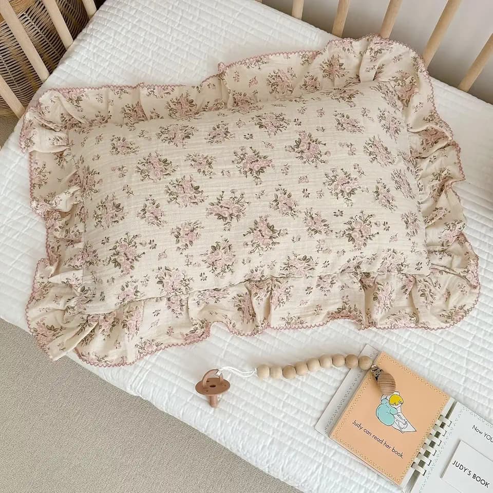 BuLuTu Muslin Pink Floral Pillow Cases Standard Size with Ruffles,20"x26"