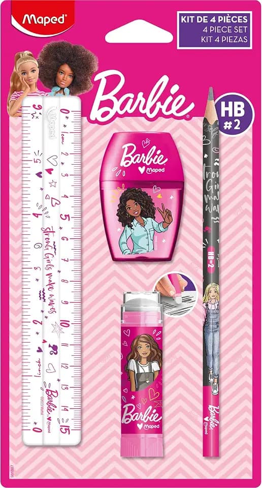 Maped - Schreib-Set, Schul-Set BARBIE, 4-tlg. - inkl. Lineal, Bleistift, Anspitzer und Radiergummi