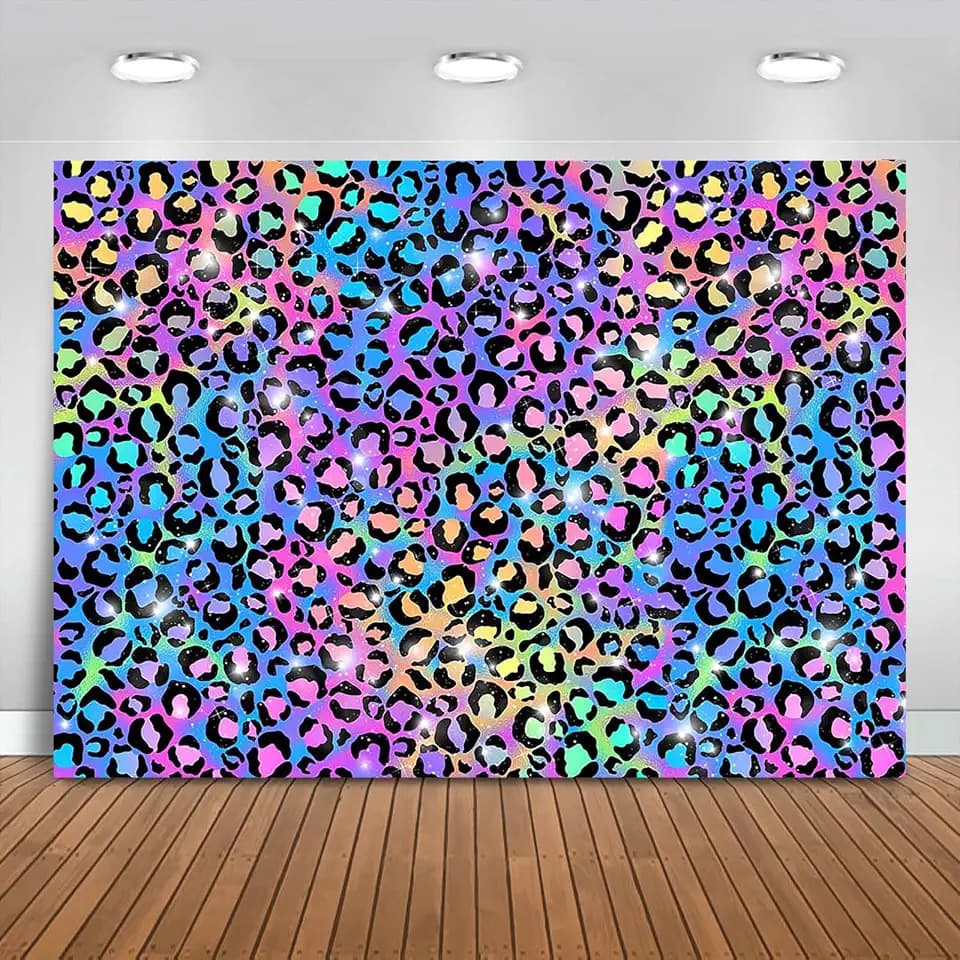 Neon Rainbow Leopard Backdrop 7x5ft Sparkly Paint Splatter Photography Background Party Decorations for Girls Leopard Pattern Banner Photo Booth Props