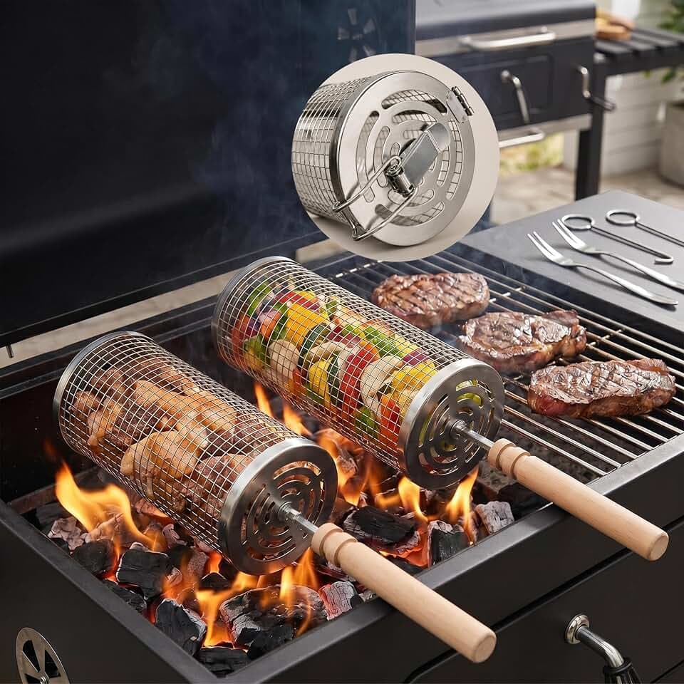 Rolling Grill Basket for Outdoor BBQ, 2-Pack with Secure Snap Lock