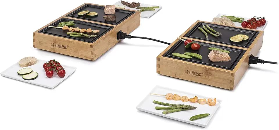 Princess Dinner4All Pure Tischgrill mit Bambusausführung - 4x210W, 2M Kabellänge, 4x Heizplatten und 4x Keramikplatten, 104040