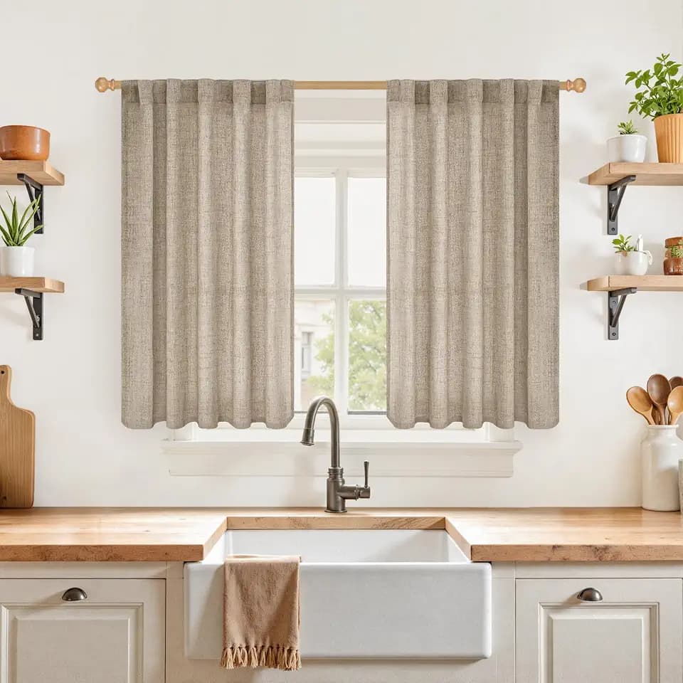 YoungsTex Dark Oatmeal Linen Curtains 40 Inch Length for Kitchen Window