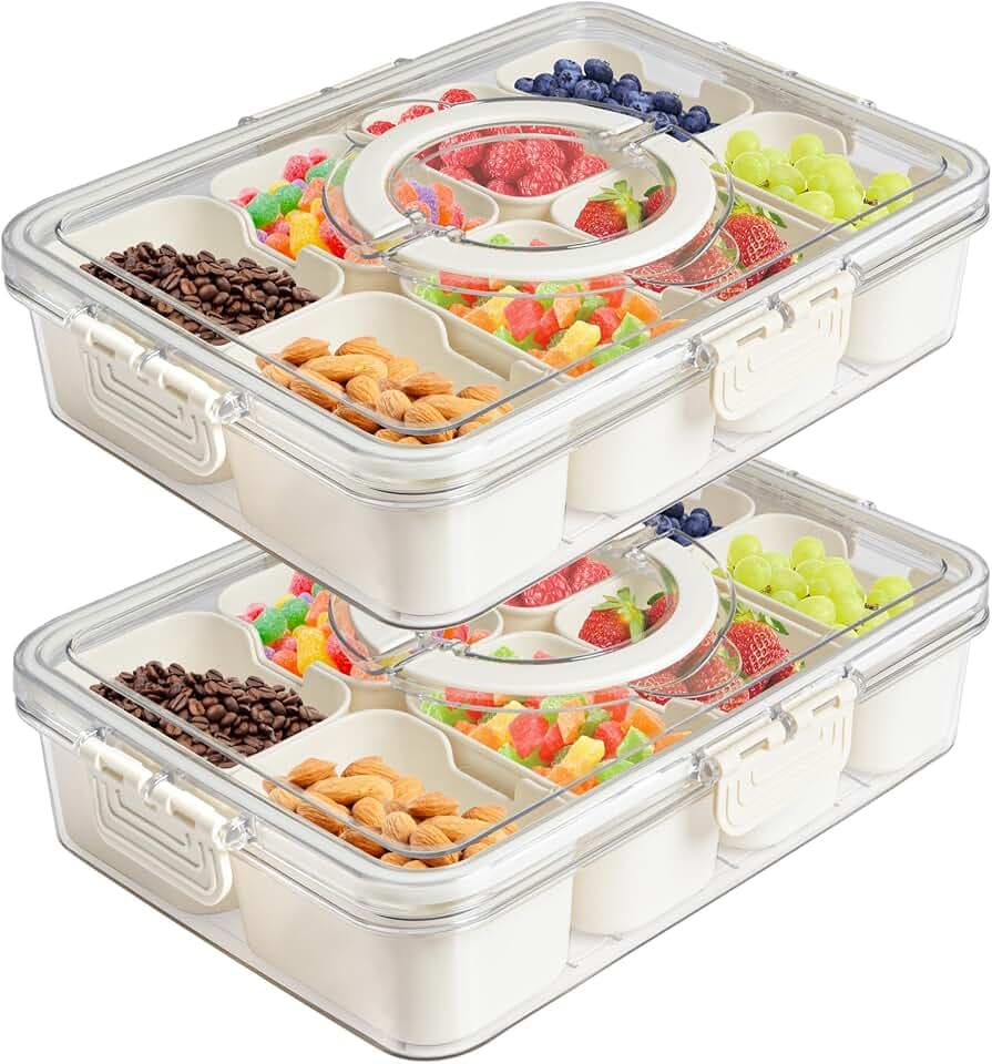 2 Stück Snackbox mit 8 Fächern,Tragbar Snackbox Organizer,Snackdose Organizer,Snack Aufbewahrungsbox,für Süßigkeiten Obst Keksen Dessert Gemüse Nüsse