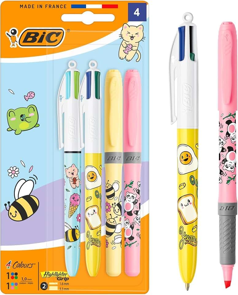 BIC 4 Colours Decors Kawaii-Reihe Druck-Kugelschreiber mit mittlerer Spitze (1,0 mm) in lustigen Titenfarben + BIC Highlighter Grip Decors mit Keilspitze – verschiedene Kawaii-Designs, Packung à 2+2