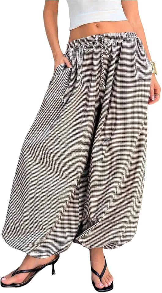 OYOANGLE Women's Gingham Drawstring Waist Harem Pants
