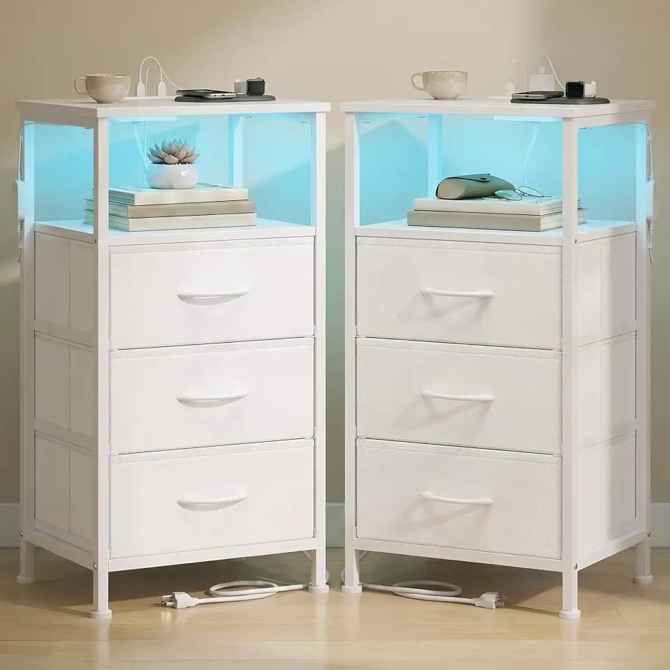 SONGMICS Nightstand with Charging Station, 3 Fabric Drawers