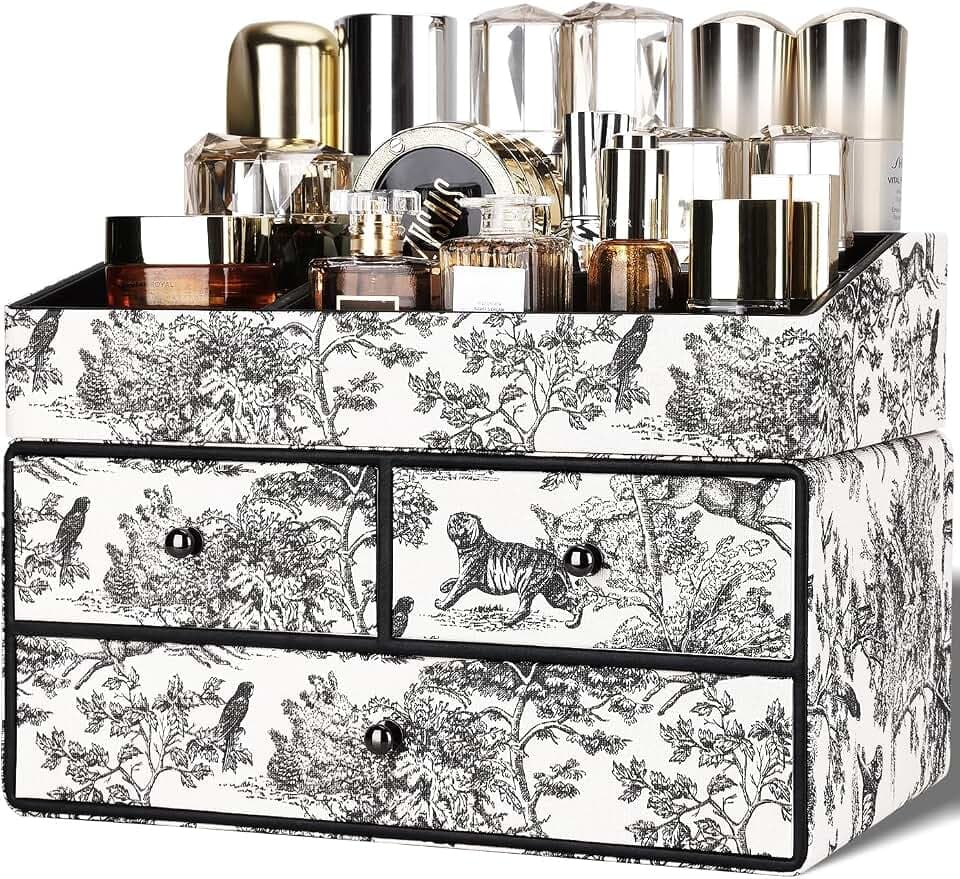GORESE Make Up Kosmetik Organizer,2-Stöckig 3-Schubladen Leder schminktisch organizer Beauty Aufbewahrung Kosmetikbox Schreibtisch Organizer für Schlafzimmer, Badezimmer, Schminktisch(Vintage-Schwarz)
