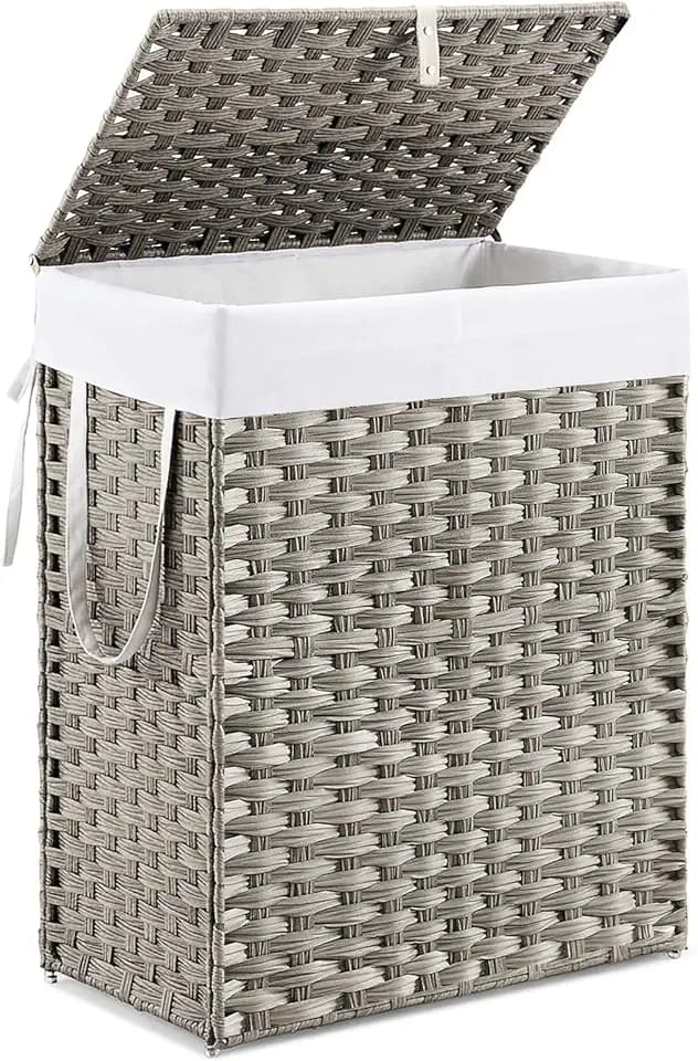DUMOS Woven Laundry Basket with Lid, 90L Large Capacity Hamper, Removable & Machine-Washable Liner, Foldable Rattan Clothes Hamper, Sturdy Steel Frame, Odor Control, Dove Gray