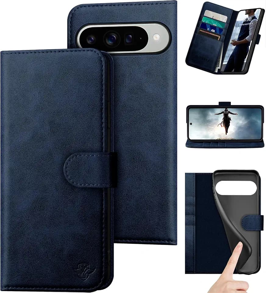 DuckSky compatible with Google Pixel 10/10 Pro 6.3" Genuine Leather Wallet case【RFID Blocking】【4 Credit Card Holder】【Real Leather】Flip Folio Book Phone case Cover Women Men for Pixel 10 case Dark Blue