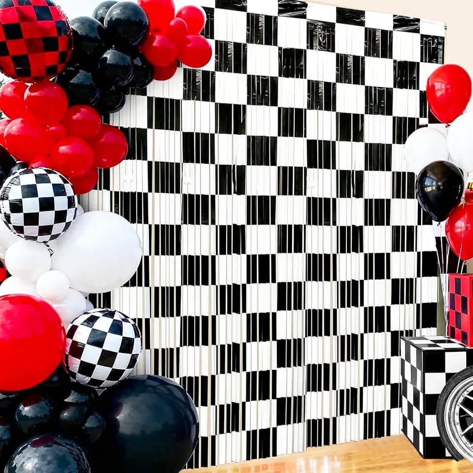 2 Packs Race Car Foil Fringe Curtain, Black White Checkered Glitter Metallic Tinsel Backdrop for Birthday, Baby Shower, Racing Car Truck One Happy Dude Party Decorations Supplies