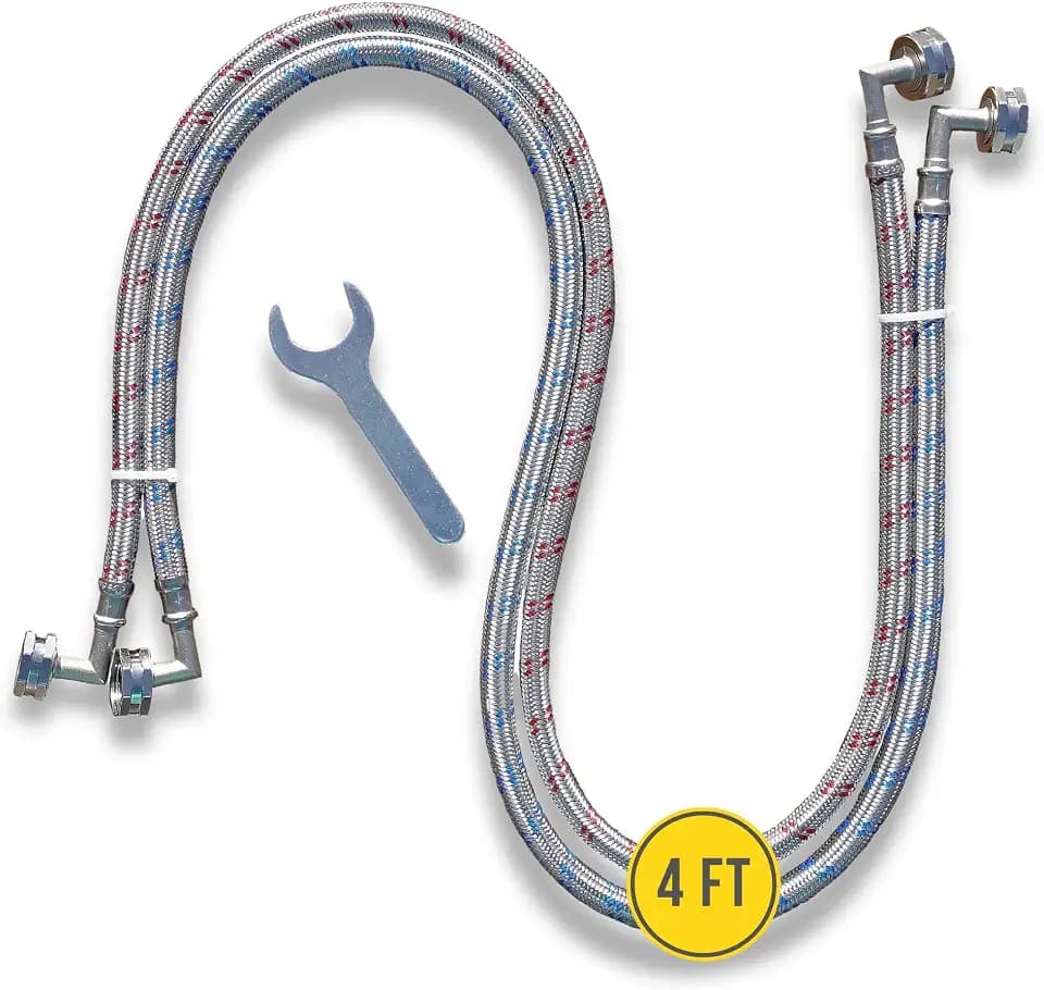 Washing Machine Hoses (4 FT) - Double 90° Elbow to Fit Tight Spaces - OCTAGON Connections for Easy & Secure Tightening - Burst Proof Water Supply Line (2 Pack) - Universal Fit to All Wash Machines