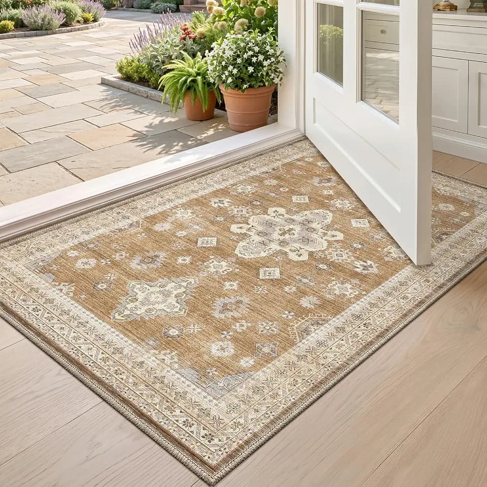 DEXI Vintage Indoor Door Mat 2x3, Ultra Thin Rugs for Entryway, Light Brown