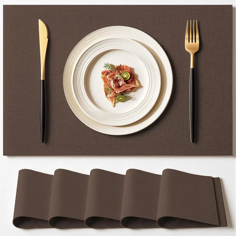 Placemats Set of 6 Linen Type Fabric Cloth Placemats, 18x12 Inch Double Layered Thick Wrinkle Free Heat Resistant Table Place, for Dining, Kitchen, Party (45 * 30cm, Dark Brown)