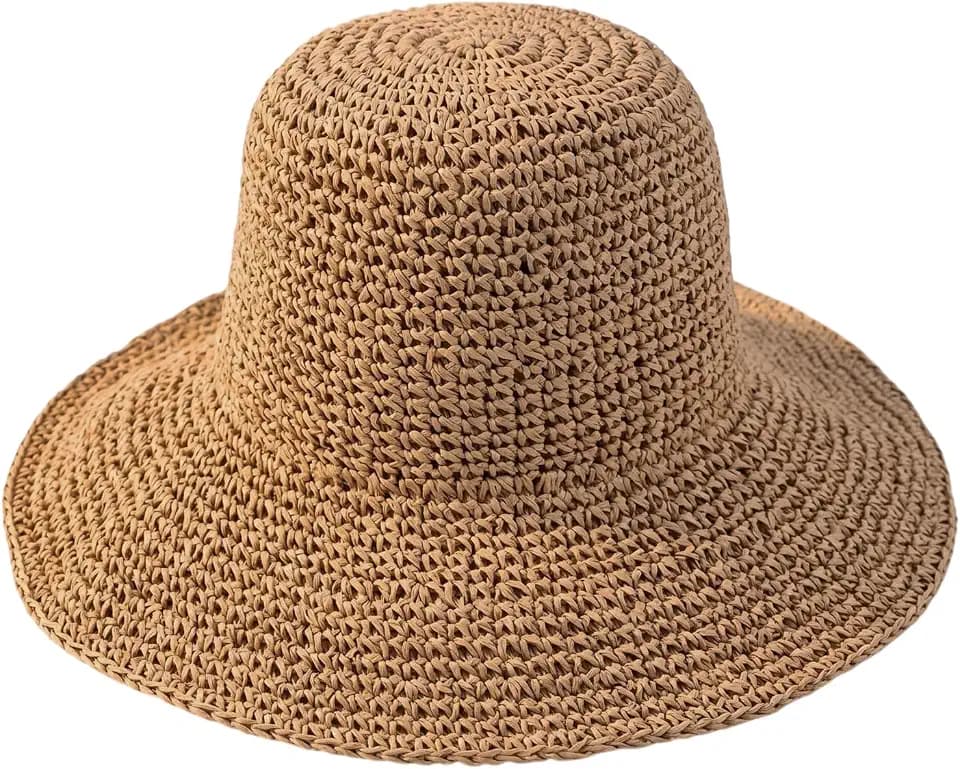 Womens Sun Hat Straw Hat Wide Brim Foldable Roll-Up Beachwear Sun Hat Summer Beach Hat (Khaki)