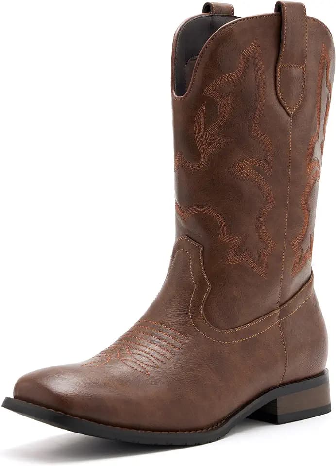 vodvob Cowboy Boots for Men Square Toe Classic Embroidered Western Boots