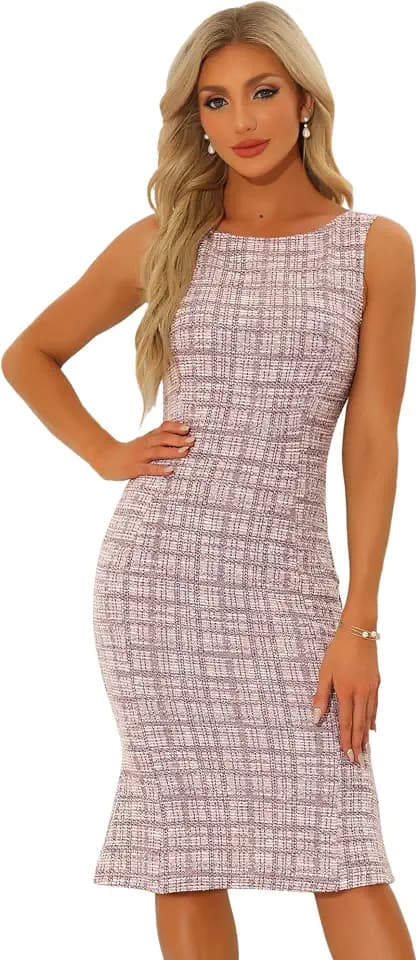 Allegra K Tweed-Kleid für Damen, Muttertagskostüme, Sommer, ärmellos, elegant, kariert, figurbetonte Kleider