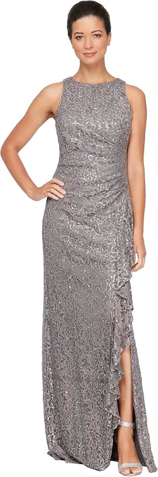 Alex Evenings Women's Long Sleeveless Mother of the Bride Dress W/Cascade Ruffle & Front Slit (Petite and Regular Sizes)