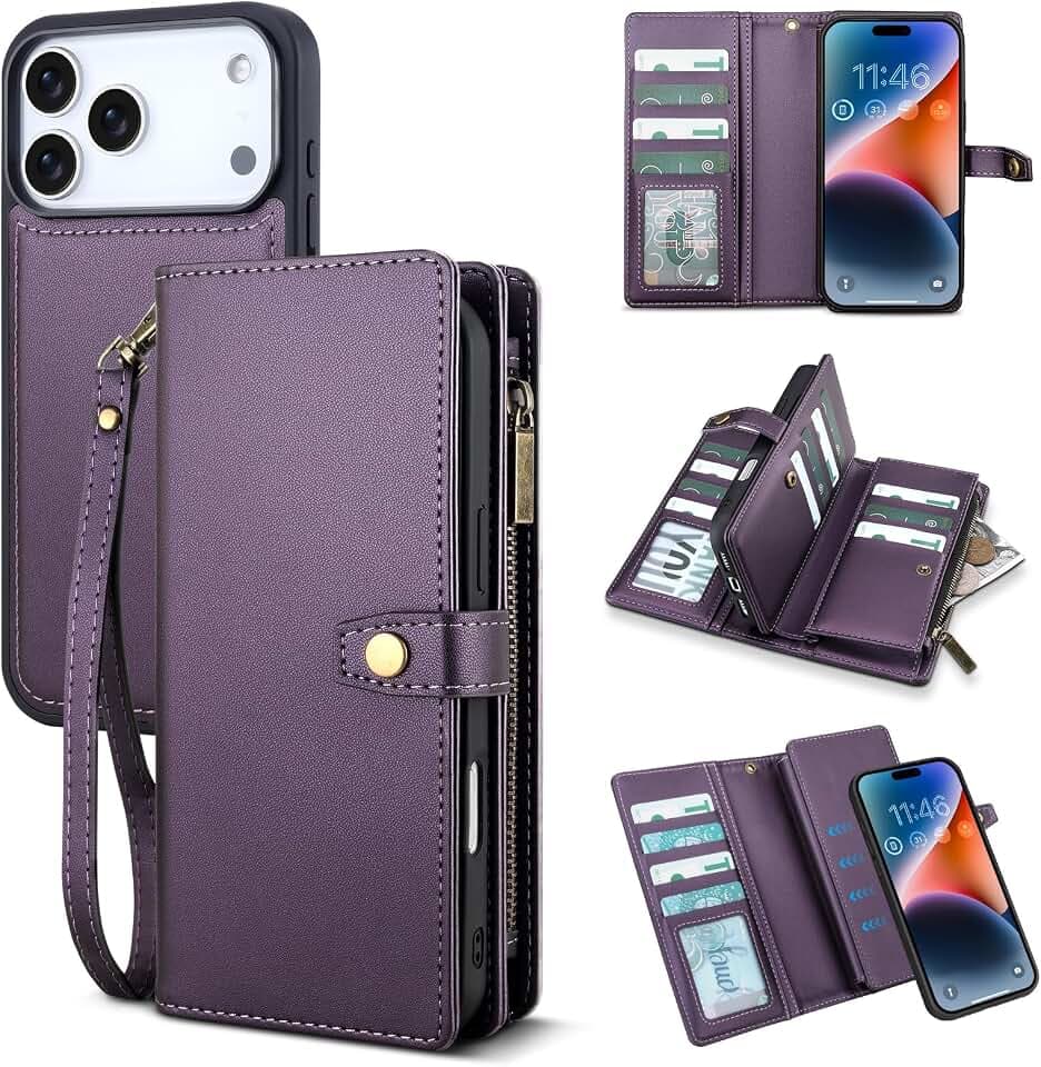 TwoHead Wallet Case for iPhone 18 Pro Max/17 Pro Max,11 Card Slots,Purple