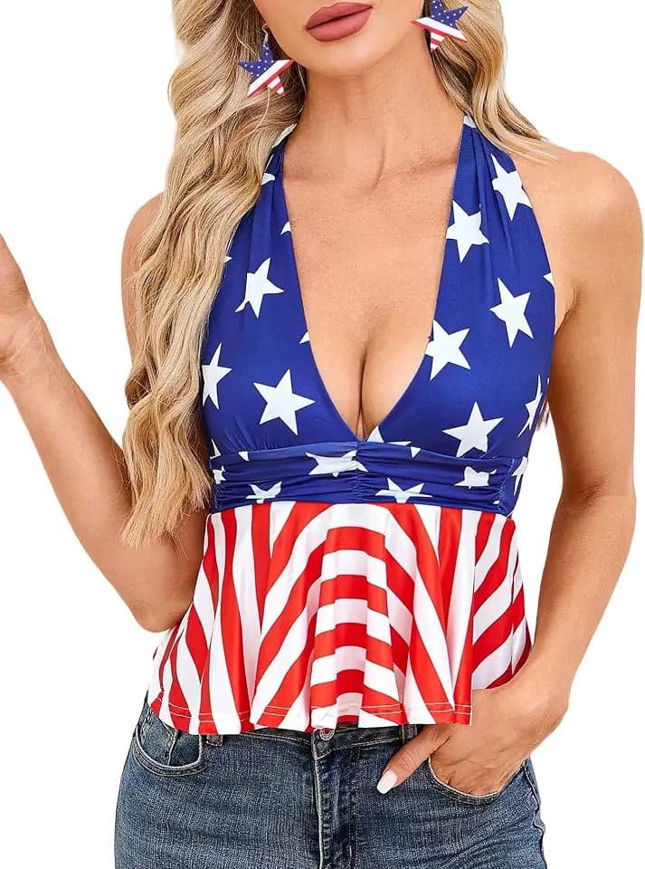 Womens Sexy Halter 4th of July American Flag Cami Tied Back Tank Top with Earrings