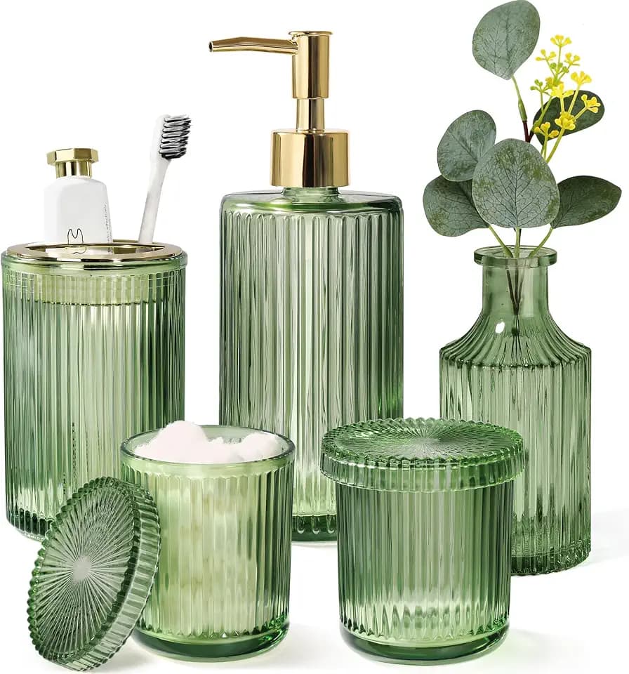 Green Bathroom Accessories 5 Pcs, Glass Bathroom Accessory Set, Vintage Green Bathroom Set, Sage Green Soap Dispenser and Toothbrush Holder Set, Qtip Holder, Small Flower Vase, Modern Bathroom Decor