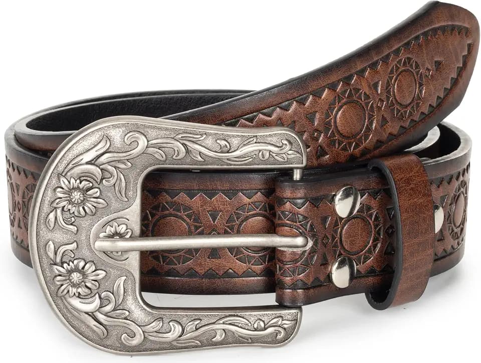 Vintage Western-Cowboy-Belt for Women Men - Carved PU Leather Waist Belts