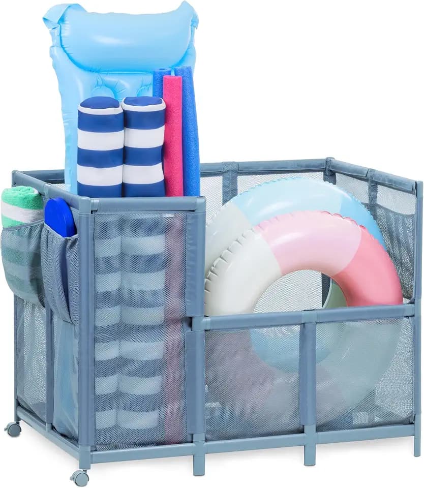 Coast Modern Pool Organizer for Floats and Toys - Extra Large Mesh Pool Storage Bin for Outdoors - Stone Blue