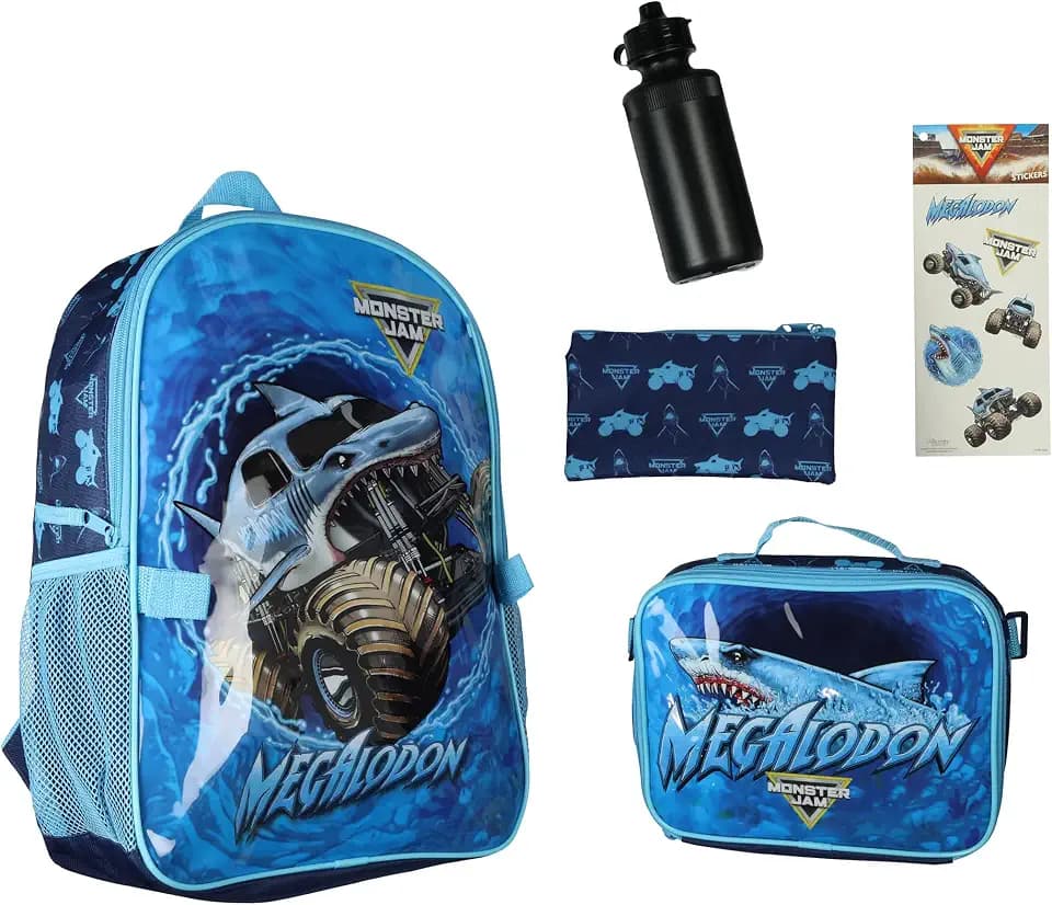INTIMO Monster Jam Megalodon 5-Piece Backpack Mega Set with Detachable Lunch box Water Bottle Pencil Case and Stickers Set