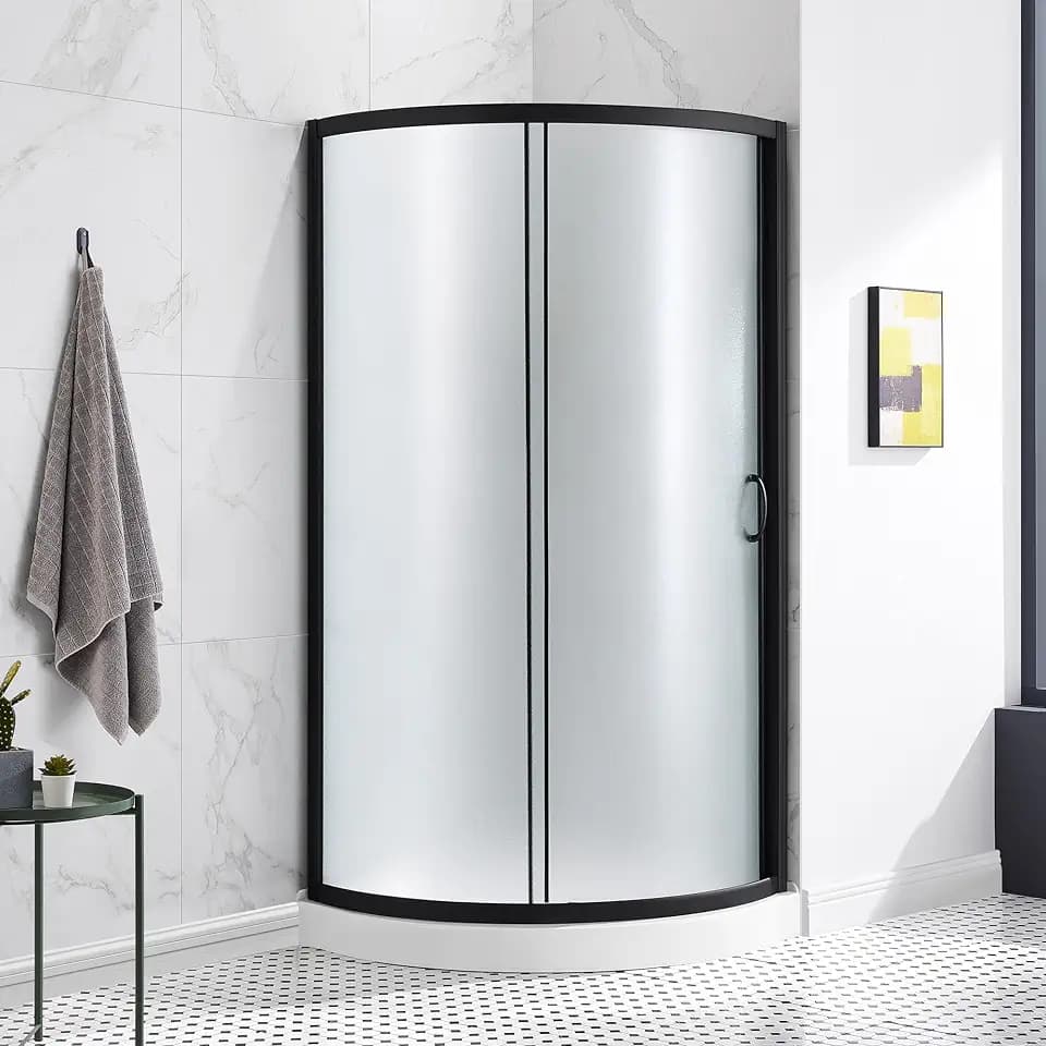 OVE Decors Breeze 32 in. Corner Shower Sliding Door, With Included Base, Frosted Glass and Black Finish