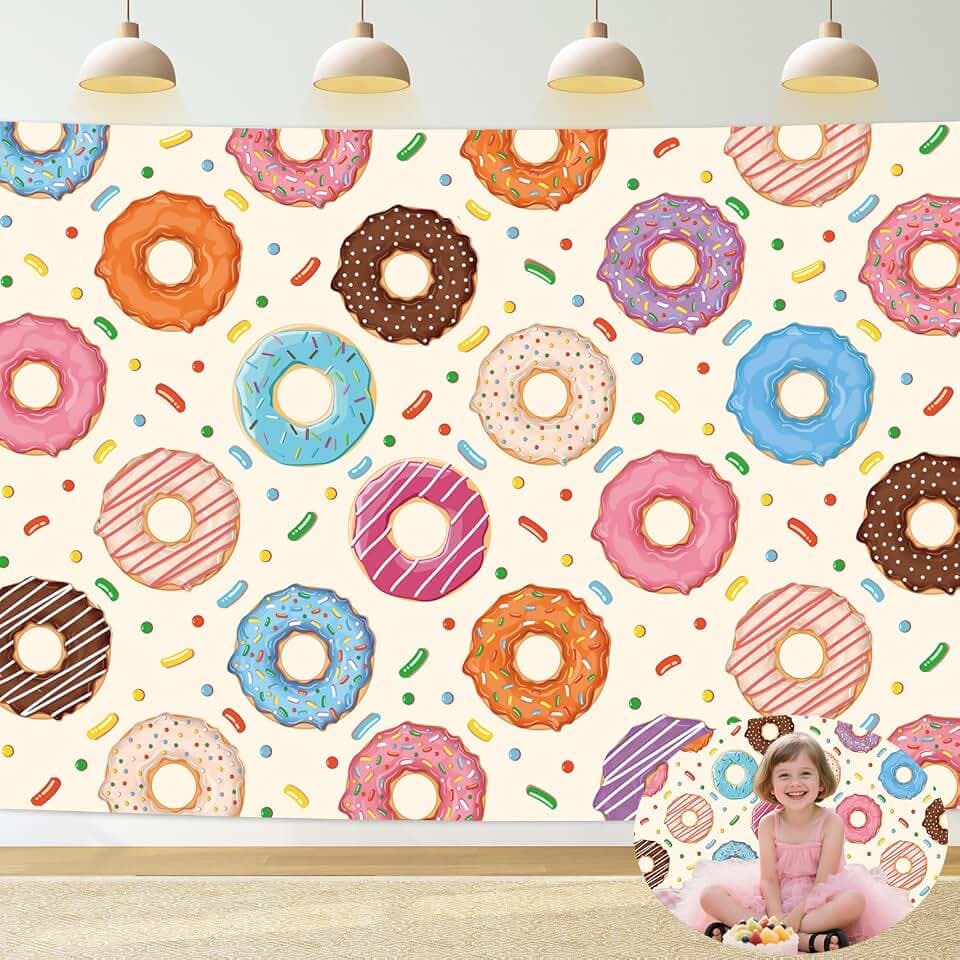 Donut Backdrop 7x5FT Colorful Sprinkle Sweet Donuts Grow up Photography Background Kids Donut Theme Birthday Baby Shower Party Banner Decorations Photo Props