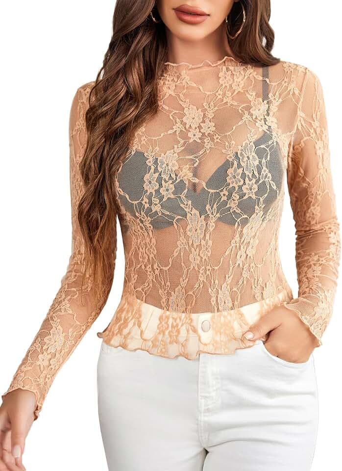 Avidlove Damen Elegant Spitze Bluse Langarm Top Sexy Durchsehen Oberteil