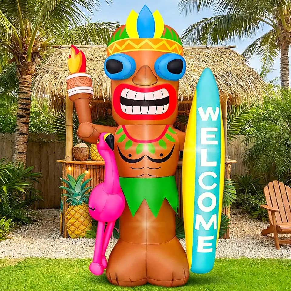 KOOY 5FT Tiki Inflatables with Flamingo and Surfboard for Luau Party Decorations, Built-in LED Blow up Hawaiian Decor Outdoor, Summer Inflatables Outdoor Decorations for Luau Aloha Bar Beach Pool