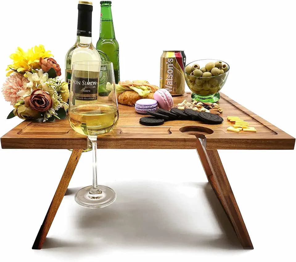 SASIDO Portable Wine Picnic Table, Acacia Wood, Larger Tray Foldable, Charcuterie Board, Wine Gift, Decor for Romantic Camping, Engagement Party, Concerts, Glamping, Winter Adventure