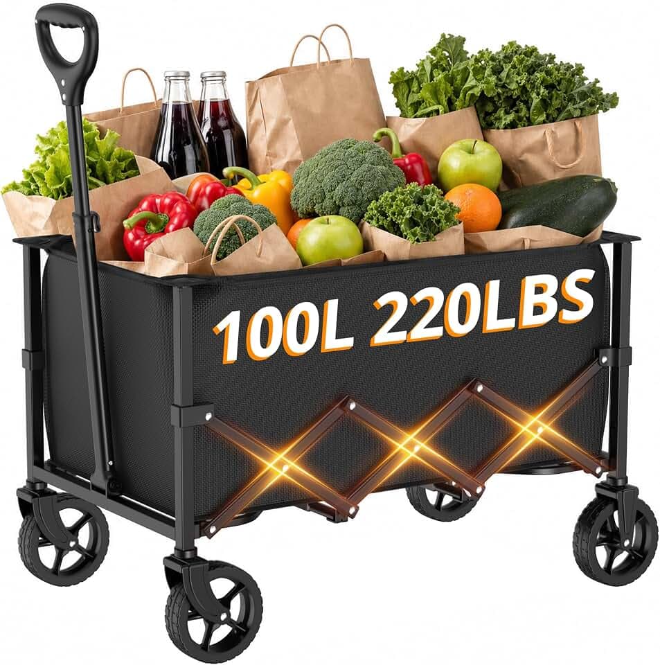 Faltbarer Wagen mit Rädern, zusammenklappbarer Wagen mit verstellbarem Griff, 100L und 220LB große Kapazität, für Einkaufen, Camping, Garten, Strand und Outdoor-Sport (schwarz)