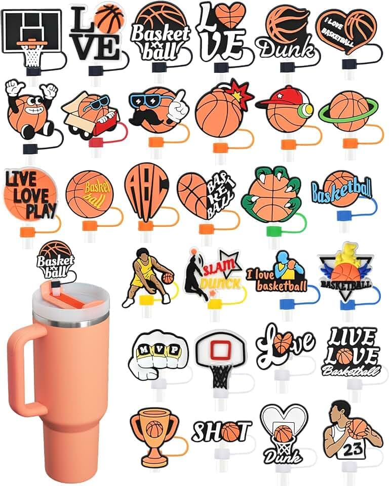 30 Pack Basketball Straw Covers Cap for Tumblers, 10mm Cute Dust-Proof Straw Topper for Water Bottles Stanley Cups Accessories Gifts For Women Party Favors