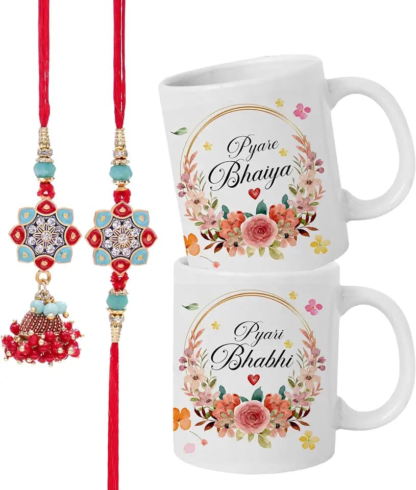 TIED RIBBONS Rakhi for Brother and Bhabhi Set with Kundan Rakhi & Lumba, 2 Printed Mugs, Roli Pack | Red Resham Dhaga Designer Rakhi Gift Set for Brother & Bhabhi, Raksha Bandhan Festive Gift Hamper