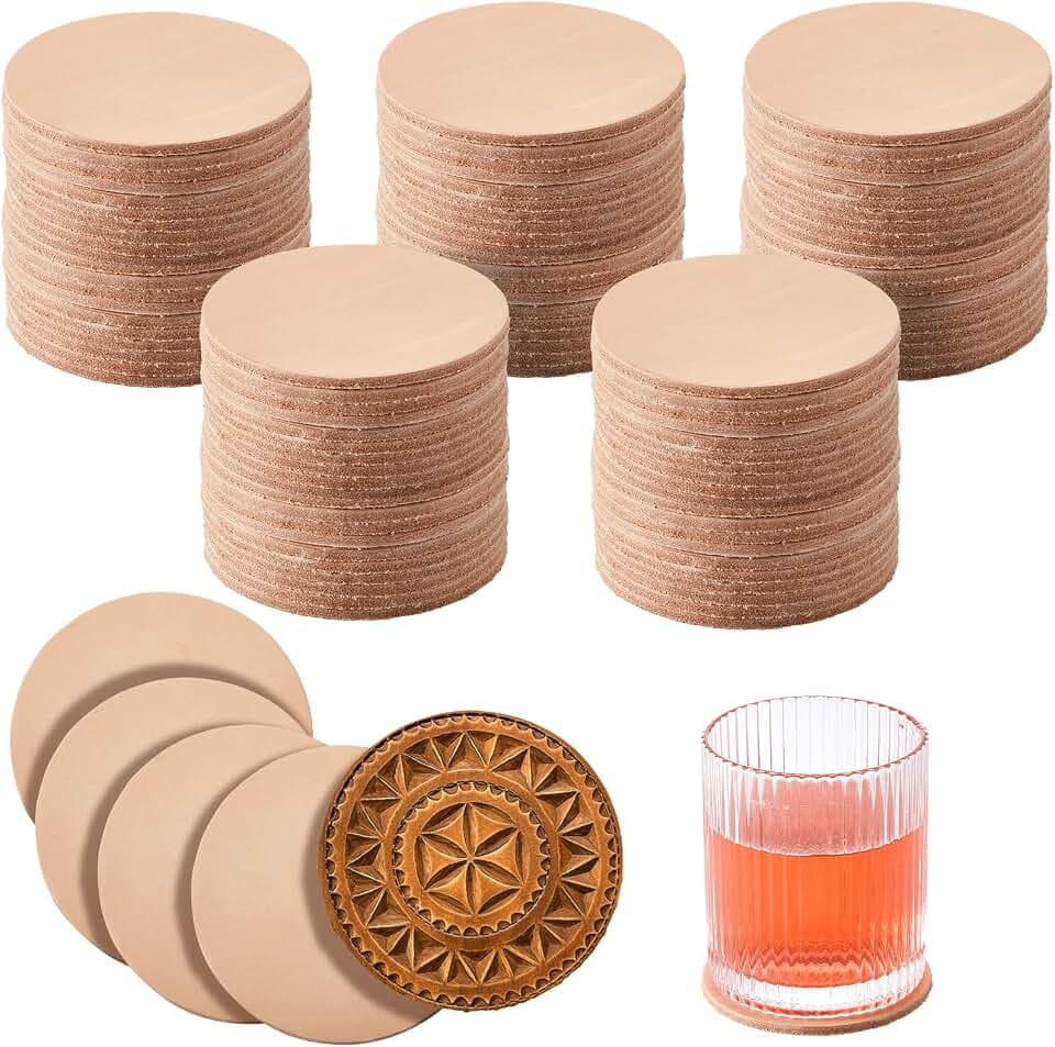 Bulyoou 50 Pcs Round Vegetable Tan Leather Coaster 2" Circular Tooling