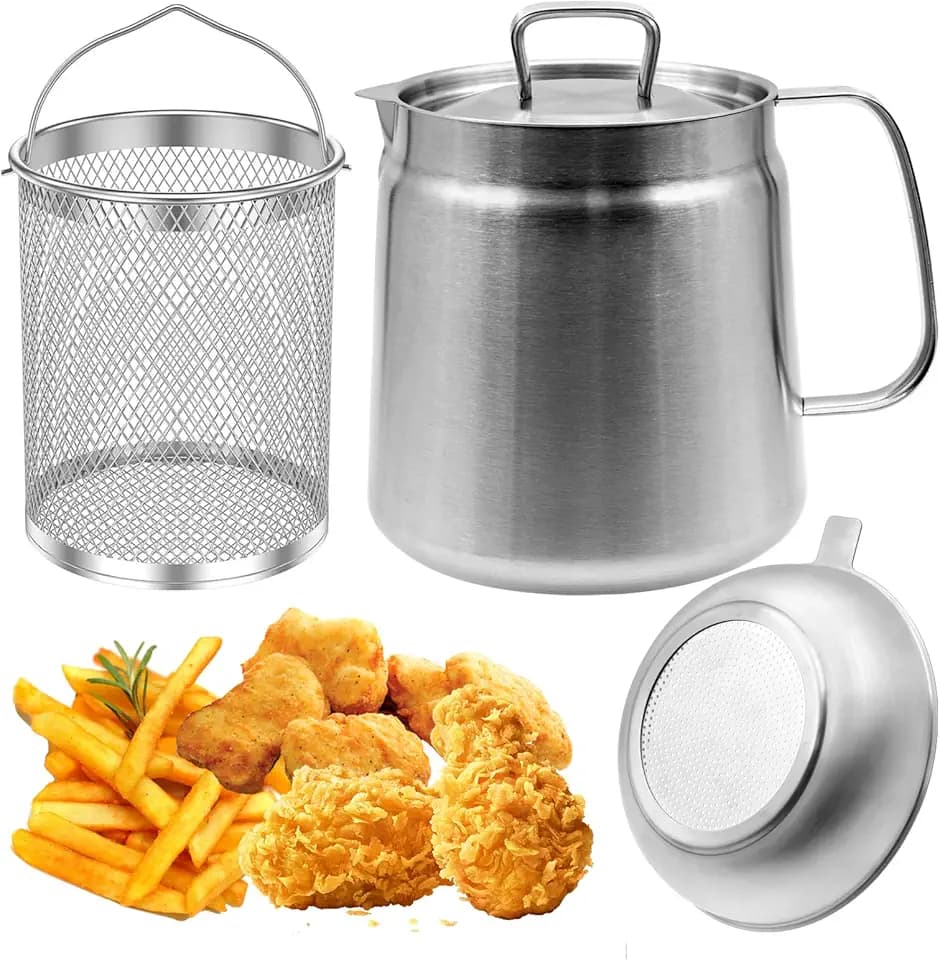 2L Siebtopf Fritteuse, 304 Edelstahl Ölfiltertopf mit Sieb & Frittierkorb für die Küche, Multifunktionaler Frittiernetztank Fettbehälter