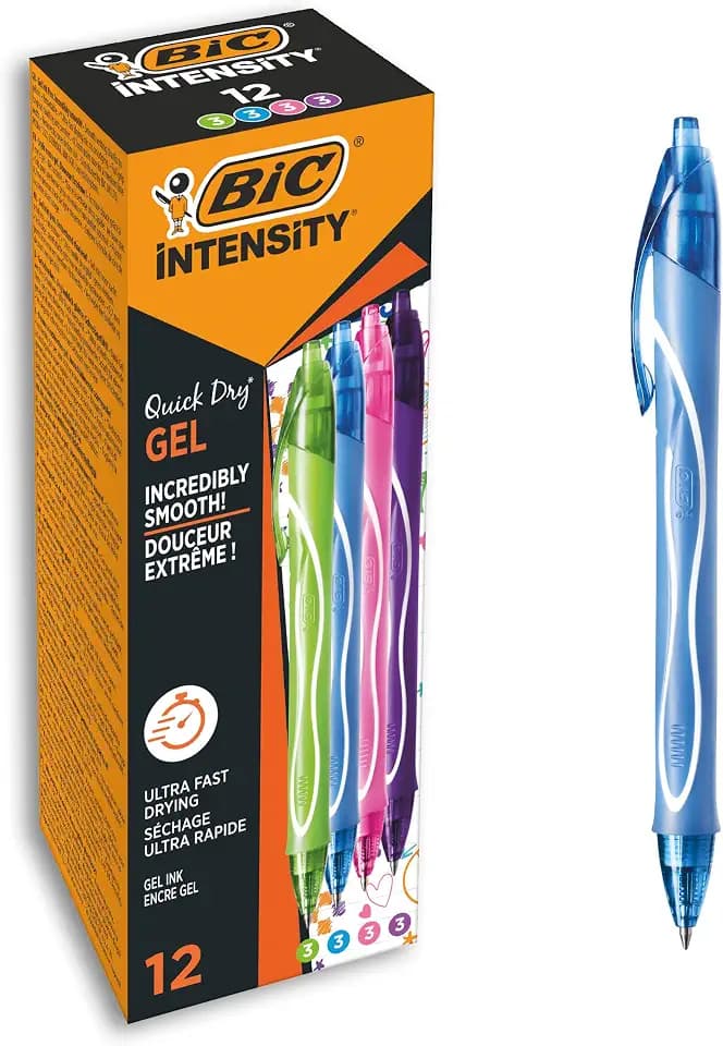 BIC Gel-ocity Quick Dry Tintenroller, 12 Gelstifte in 4 verschiedenen Farben, Strichstärke Medium, mit gummierter Griff-Fläche