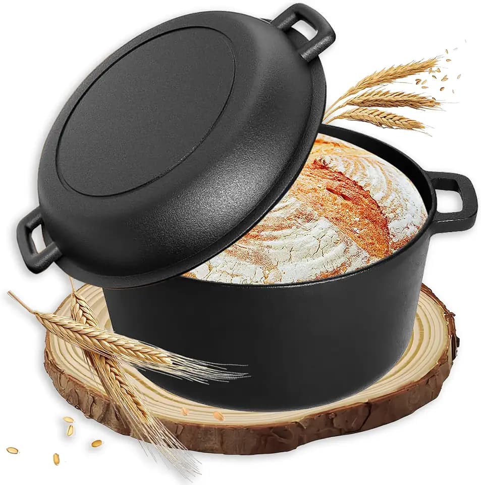Gusseisen Topf Brot Backen, Brotbackform mit Deckel, 26cm Bräter mit Deckel, Schmortopf, Bratentopf, Brotbacktopf zum Kochen, Braten, Schmoren, Gasgrill (Schwarz)