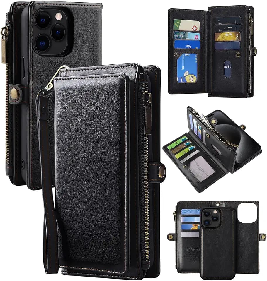 for iPhone 15 Pro Max Wallet Case – Detachable Magnetic Wallet with RFID Blocking, PU Leather Zipper & Strap for Women Men