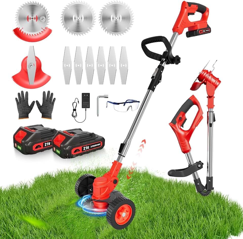 21V Cordless Weed Wacker, Lightweight 3-in-1 Grass Trimmer/Brush Cutter/Edger, 2.0Ah Battery Powered Weed Eater, Foldable Stringless Lawn Edger, Adjustable Height Electric Mower for Garden
