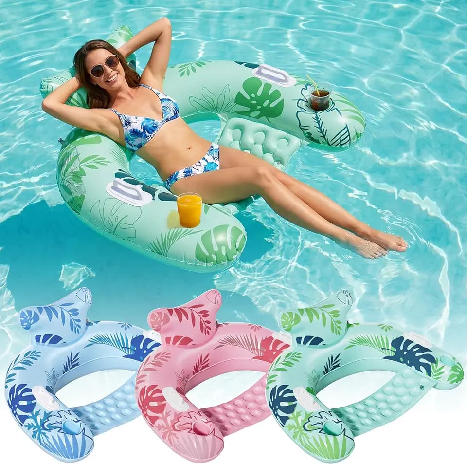 HLDIRECT 3 Pack Inflatable Pool Chair Float Adult, Floating Chair with Cup Holders for Swimming Pool, Water Lounger with Handles & Ergonomic Headrest, Floating Lounger for Summer Water Fun Party
