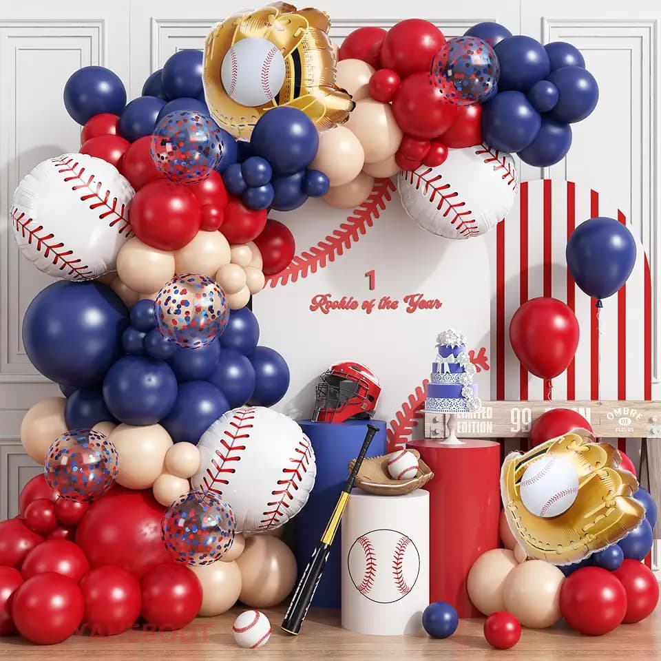 Baseball Balloon Arch Garland Kit,166Pcs Navy Blue Red Nude and Confetti Balloon with Baseball Foil Balloons for Summer Birthdays Party,Sports Theme Baseball Party Decorations