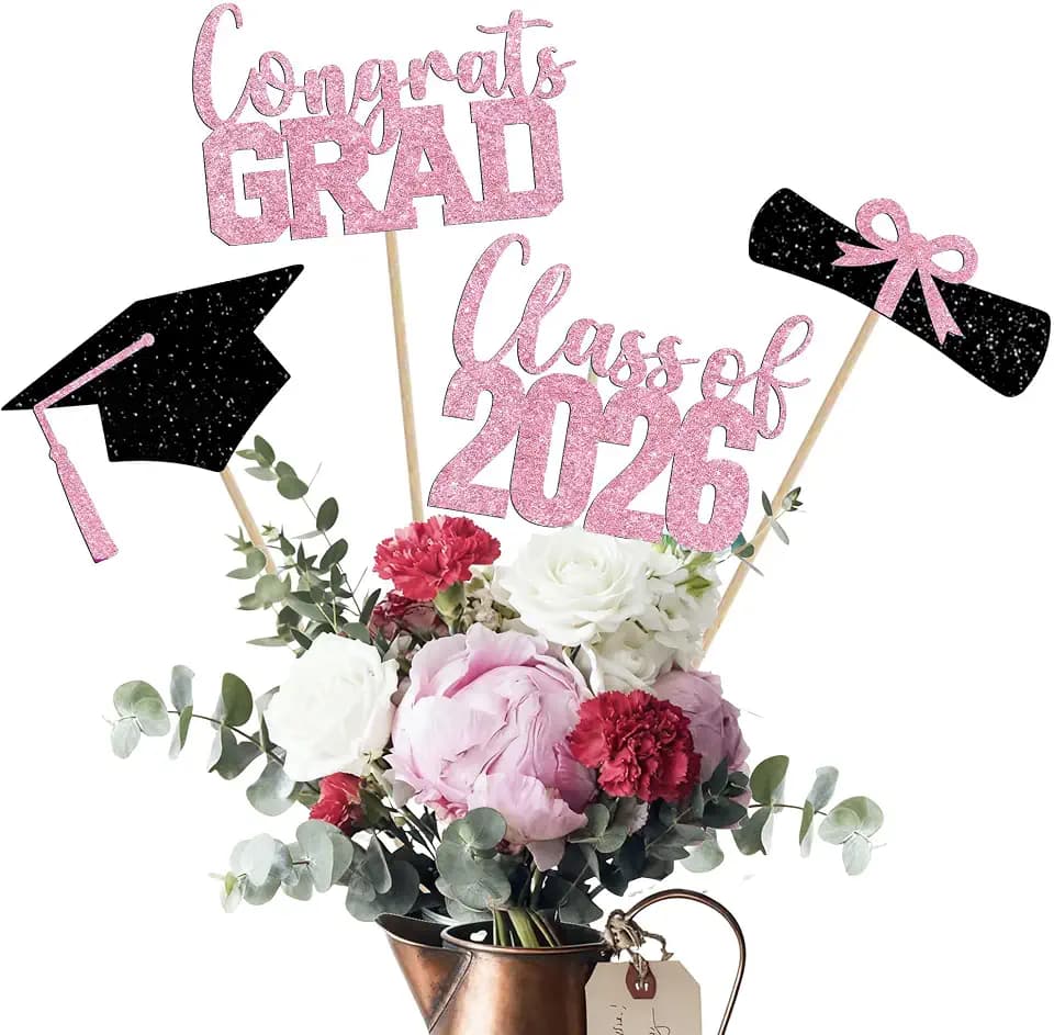 Class of 2026 Centerpieces Sticks for Graduation, 16 Pcs Graduation Decorations Cake Toppers, Graduation Theme Party Decorations Supply (Black-Pink)