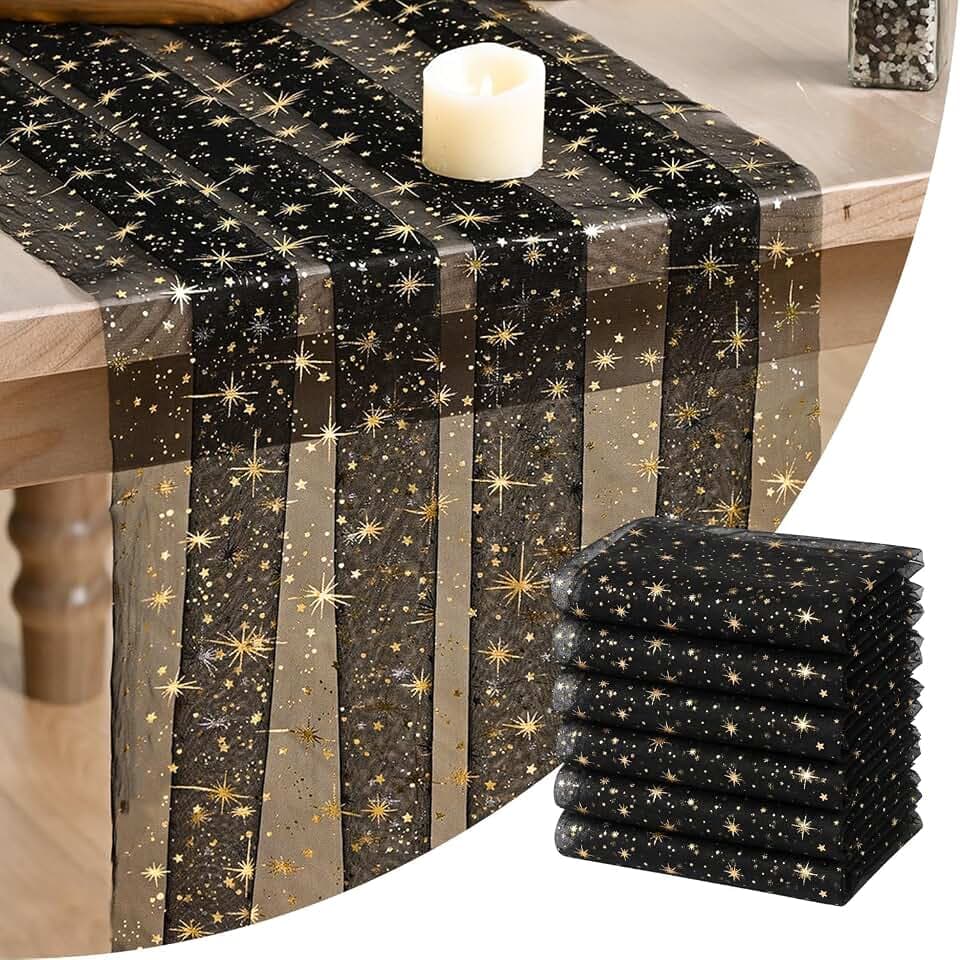 Artoid Mode 6PC Gold Stars Black Gauze Table Runner 120 Inch 10FT, Reversible Glitter Sheer Dining Wedding Holiday Birthday Table Decor for Home Party