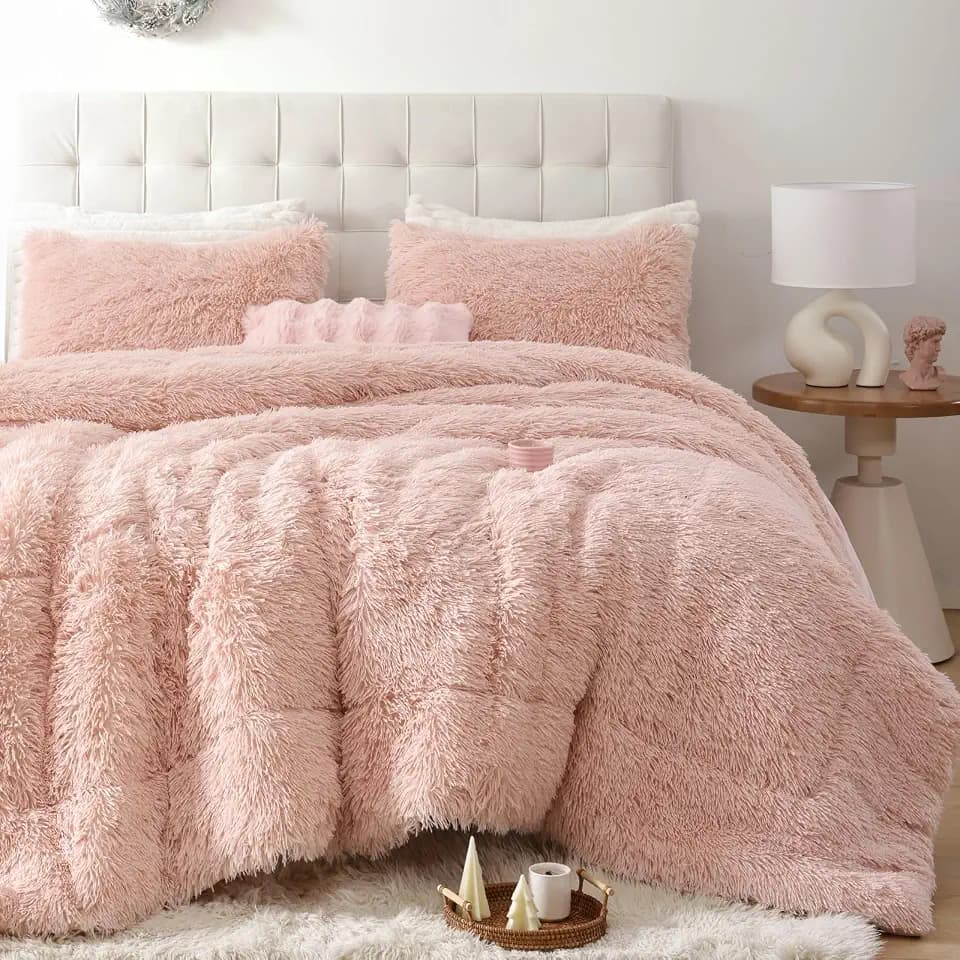 Smoofy Fluffy Queen Comforter Set, Blush Pink Faux Fur Comforter Set 3 Pcs